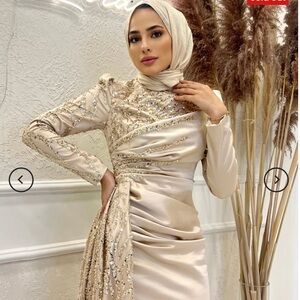 Elegant Cream Embellished Satin Evening Dress